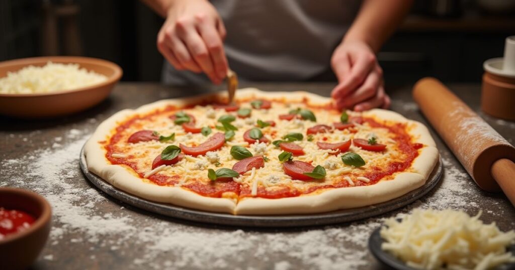 Step-by-step process of making a 14-inch pizza, including stretching the dough and adding toppings.