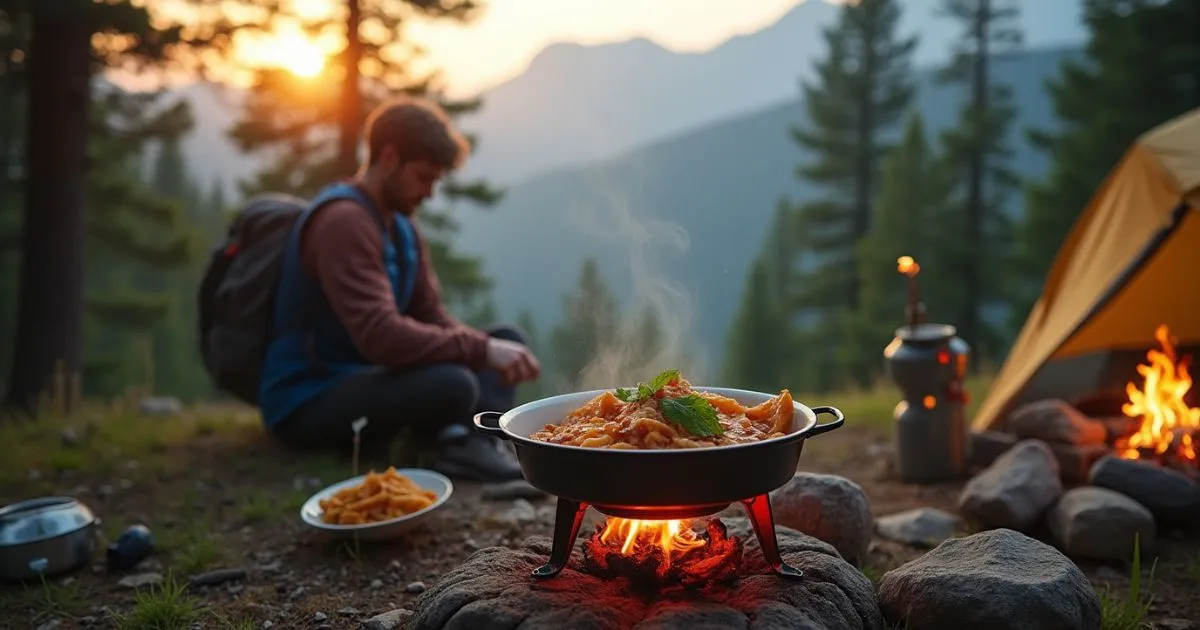 A hiker preparing backpacking recipes on a portable stove in a scenic outdoor setting.