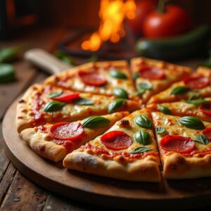 A beautifully served 14-inch pizza with a golden crust and delicious toppings, perfect for entertaining guests.