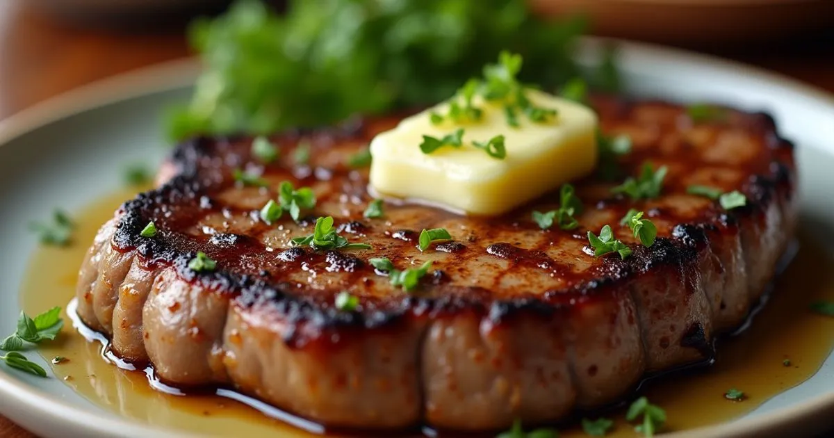 Perfectly cooked Air Fryer Chuck Roast Steak with a golden crust, garnished with fresh herbs and garlic butter