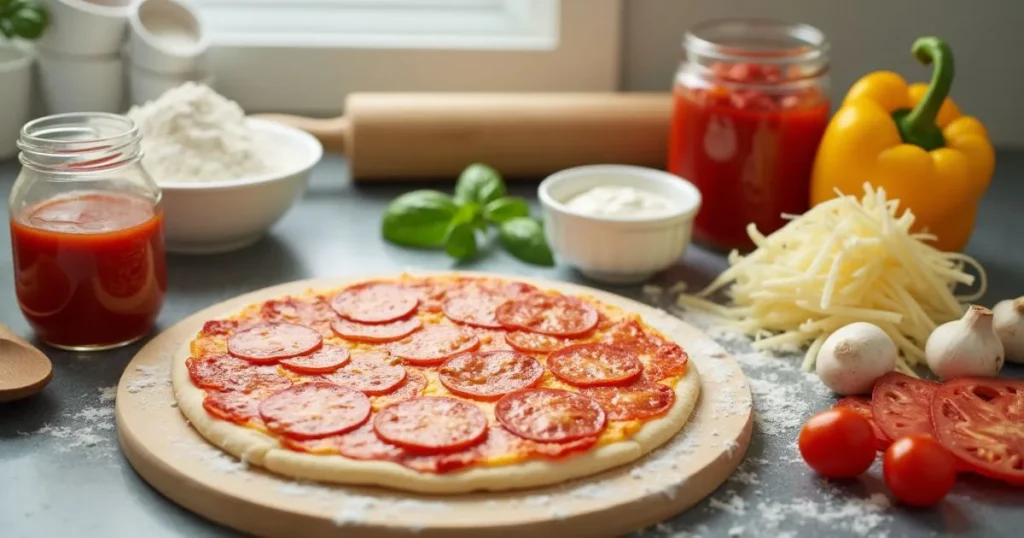 Fresh ingredients for making a 10-inch pizza, including flour, tomato sauce, mozzarella, and vegetables