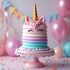 A joyful unicorn cake topped with vibrant frosting, rainbow decorations, and a golden horn, perfect for making birthdays unforgettable.