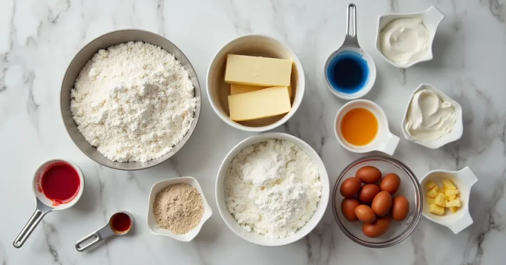 A collection of ingredients for a Spider-Man cake, including red and blue food coloring, butter, flour, eggs, and decorations for the web and Spider-Man figure.