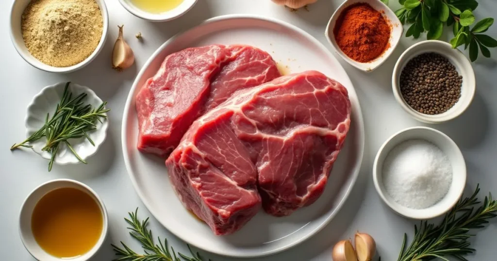 Ingredients for Air Fryer Chuck Roast Steak, including raw chuck roast, garlic powder, paprika, rosemary, and olive oil