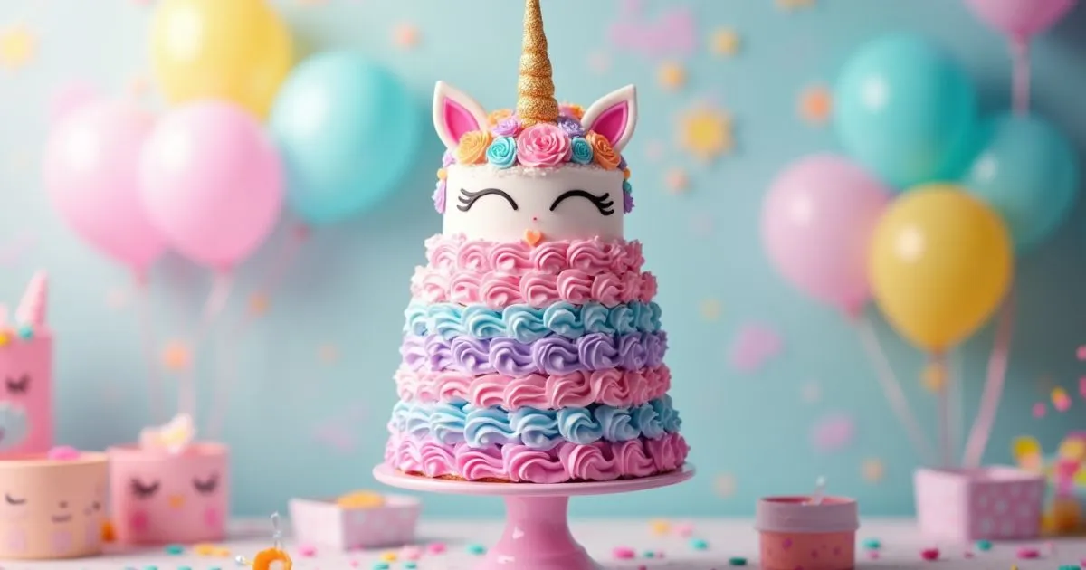 Colorful unicorn cake decorated with a rainbow mane and golden horn, perfect for a birthday party.