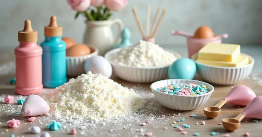 Selection of ingredients for a gender reveal cake, including flour, sugar, eggs, food coloring, and frosting supplies