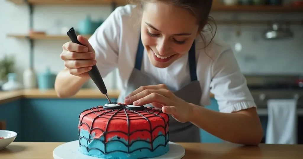 Step-by-step process of making a Spider-Man cake, including frosting, decorating the web design, and adding a Spider-Man figure on top.