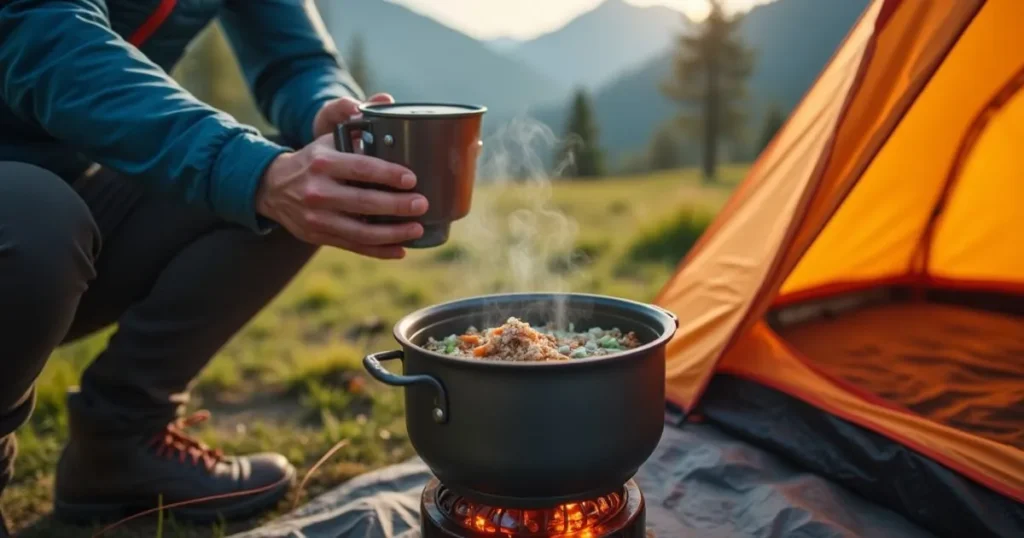  A hiker rehydrating backpacking ingredients on a portable stove while camping in the outdoors.