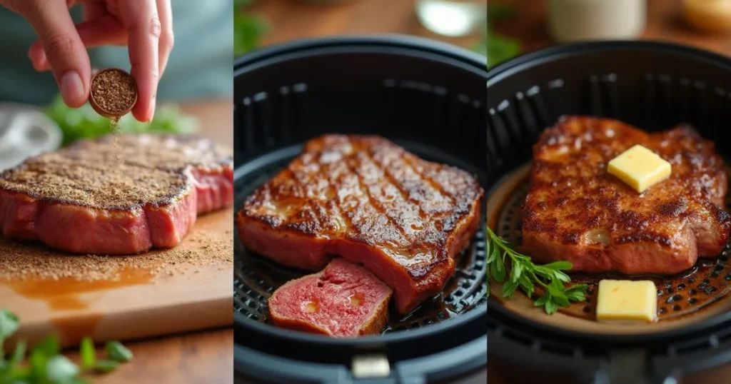 Step-by-step process of making Air Fryer Chuck Roast Steak, from seasoning to cooking in the air fryer