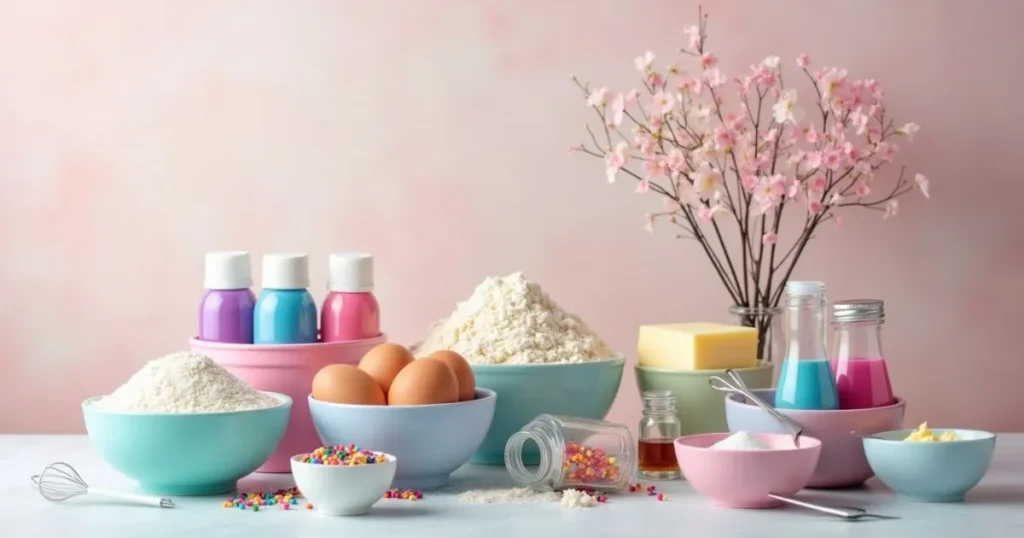 Colorful ingredients laid out for a unicorn cake, including sprinkles, pastel-colored frosting, and cake layers.