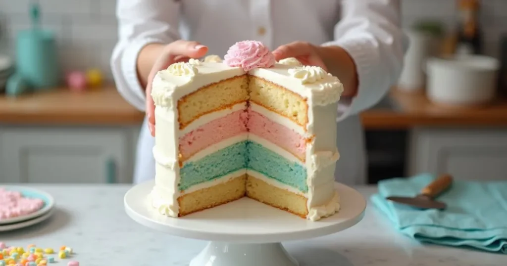 Baker assembling a gender reveal cake with pink or blue filling and frosting.