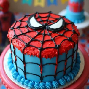 Spider-Man cake designed for kids' parties, featuring bold red and blue colors, web decoration, and a Spider-Man figure on top.