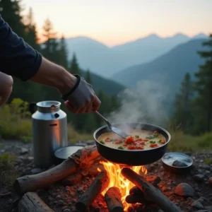 A hiker enjoying a prepared backpacking meal in a stunning outdoor setting with mountains in the background.