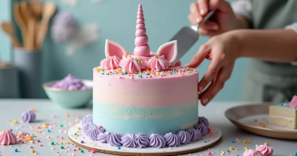 Step-by-step process of making a unicorn cake, showing frosting, decoration, and cake layers.