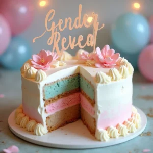 Stunning gender reveal cake with pink or blue filling and elegant decorations