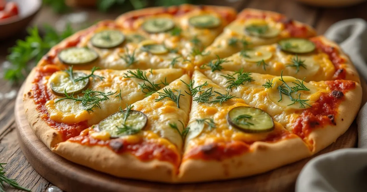 A delicious dill pickle pie pizza with a crispy crust, topped with melted cheese and tangy pickles for a unique twist on traditional pizza.