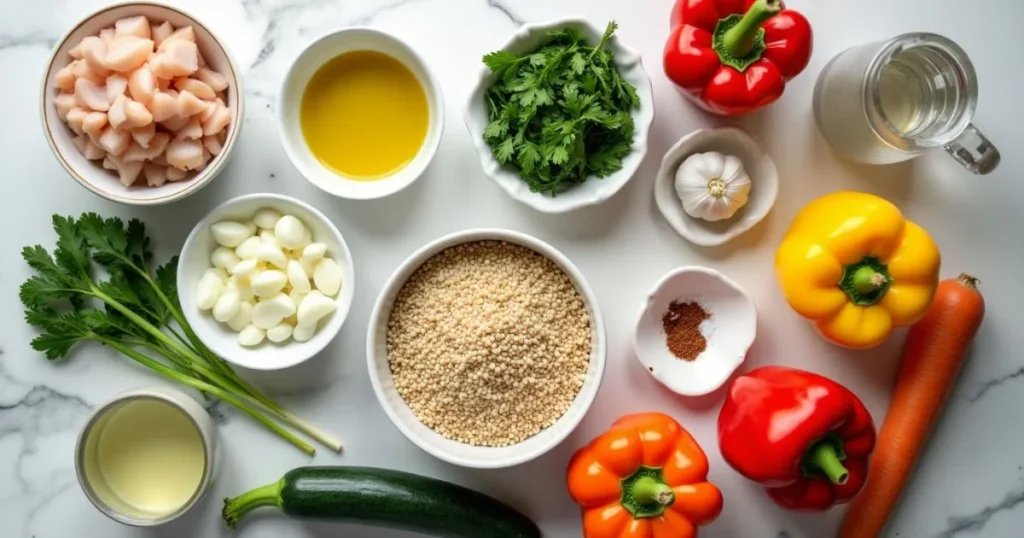 Fresh ingredients for making low-carb kasha including buckwheat, vegetables, and herbs.