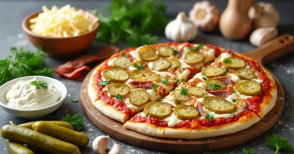 A collection of fresh ingredients for Dill Pickle Pie Pizza, including pickles, cheese, dough, and herbs ready to be combined.