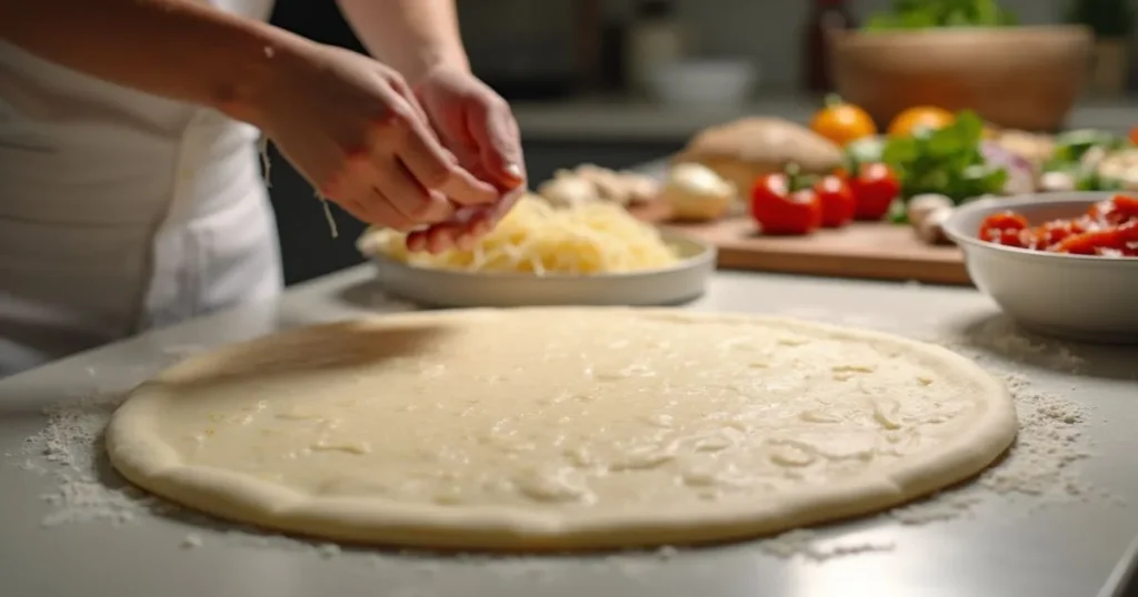 Step-by-step process of making a 10-inch pizza with dough being stretched and prepared for toppings