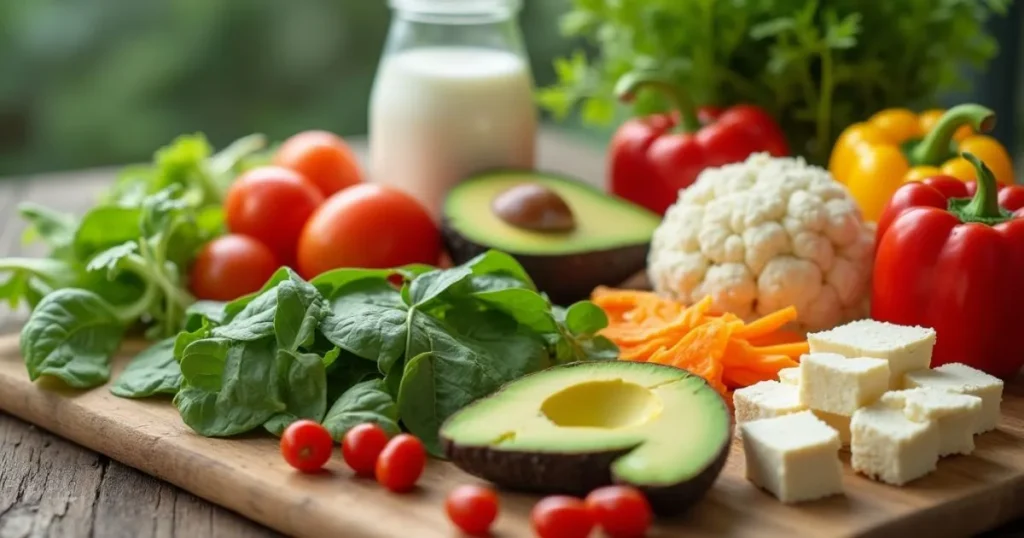 Fresh ingredients for a low carb vegan breakfast, including avocado, tofu, and vegetables.