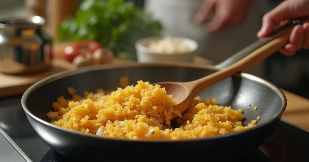 Step-by-step process of making low-carb kasha in a frying pan with vegetables