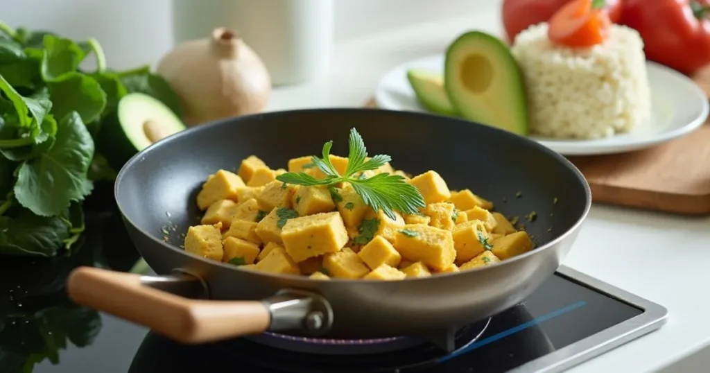 Cooking a low carb vegan breakfast with tofu scramble and fresh vegetables in a skillet.