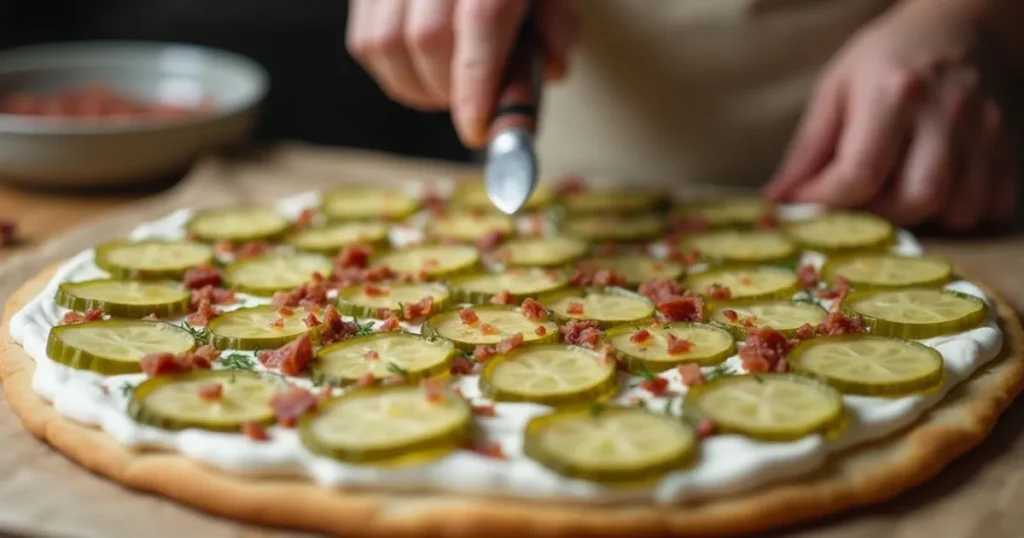 A step-by-step guide showing how to assemble Dill Pickle Pie Pizza with fresh ingredients, from spreading dough to adding pickles and cheese.