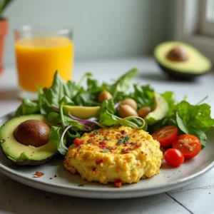 Quick and healthy low carb vegan breakfast served with avocado, tofu scramble, and vegetables.