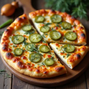 A delicious Dill Pickle Pie Pizza with a golden, crispy crust topped with tangy pickles and melted cheese, perfect for a unique twist on pizza.