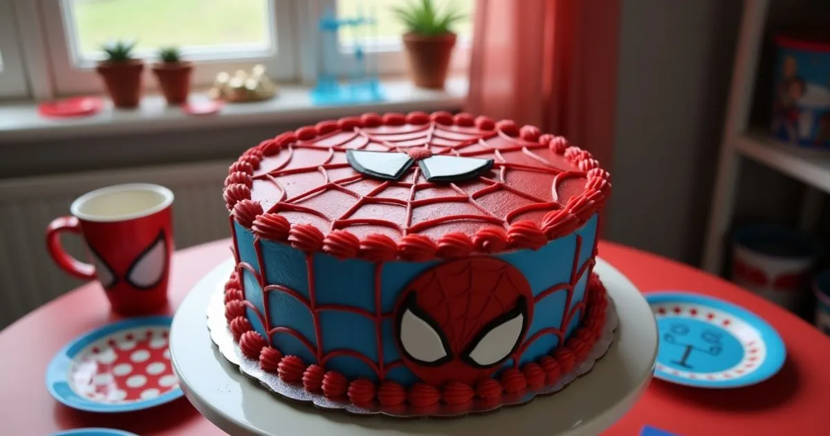 Spider-Man cake decorated with vibrant red and blue frosting, featuring an intricate web design and a Spider-Man figure on top.