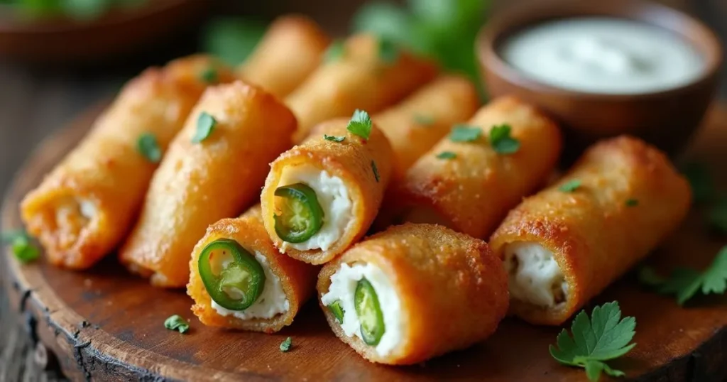 Egg Roll Wrapper Goat Cheese Jalapeno Recipe: Golden-brown egg rolls filled with creamy goat cheese and jalapeños, served with dipping sauce.