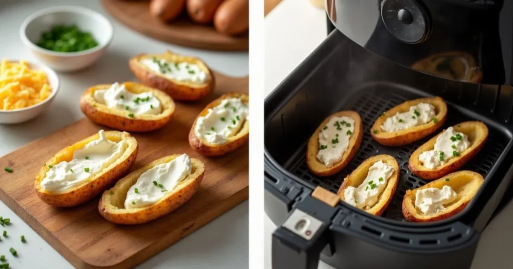 Step-by-step process of making air fryer baked potato skins with cottage cheese.