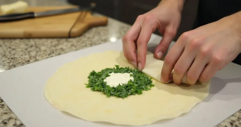 Step-by-step process of assembling egg rolls with goat cheese and jalapeños, ready to be rolled.