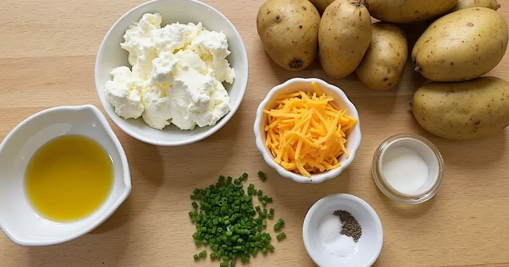 Ingredients for air fryer baked potato skins with cottage cheese, including potatoes, cottage cheese, cheese, and herbs