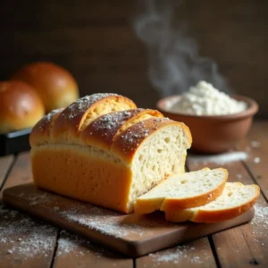 Golden, freshly baked loaf of bread with a light, airy texture, surrounded by ingredients and warm kitchen ambiance