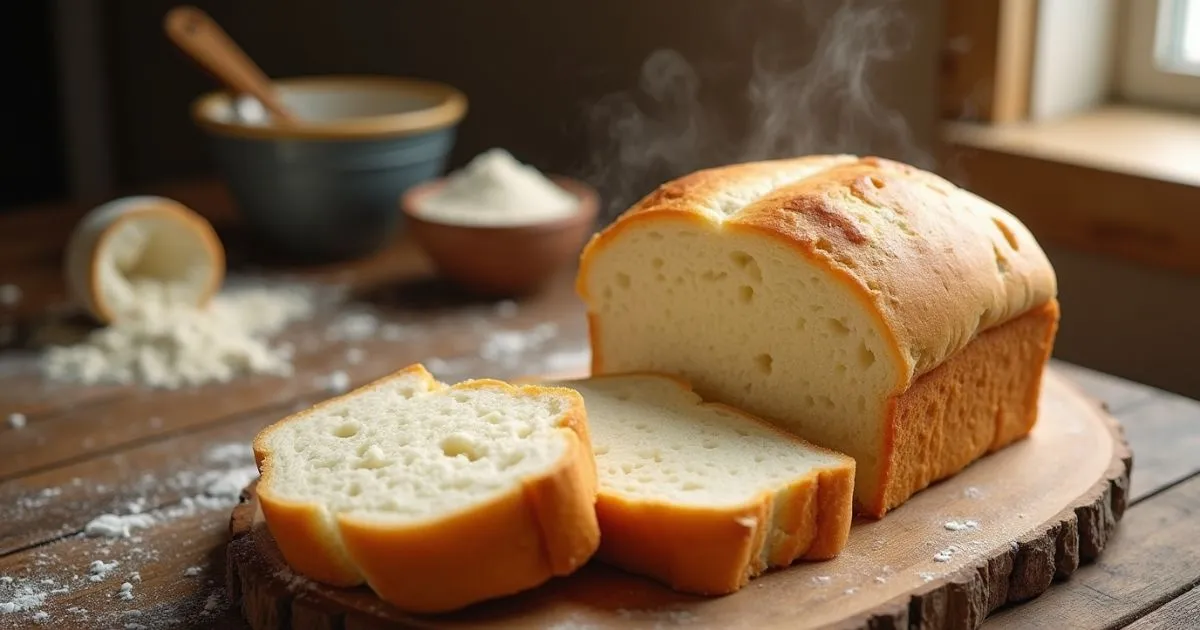 Freshly baked loaf of bread rising recipe on a kitchen countertop, with ingredients like flour, yeast, and water nearby