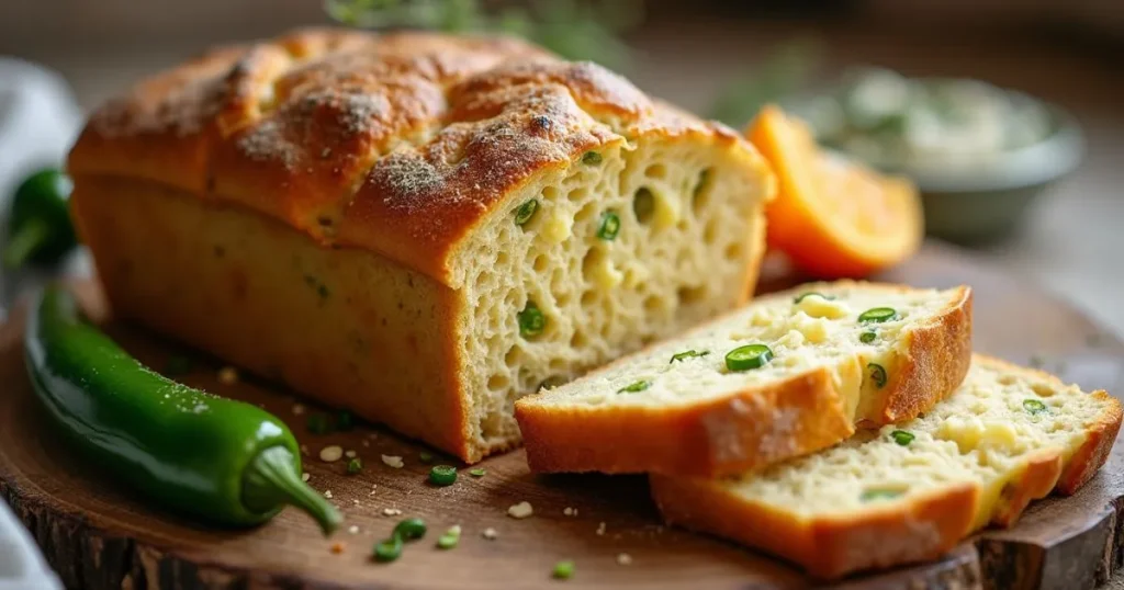 Vegan jalapeno cheese artisan bread recipe loaf with golden-brown crust, sliced to reveal soft interior with visible jalapenos and melted vegan cheese