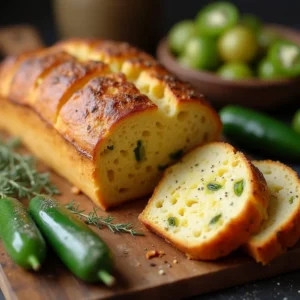 Freshly baked vegan jalapeno cheese artisan bread loaf with a golden crust and soft, cheesy interior on a wooden board