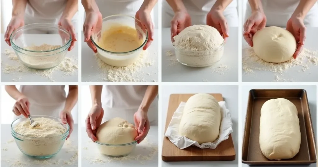 Step-by-step process of making rising bread, showing hands mixing dough in a bowl, kneading on a floured surface, and shaping the loaf