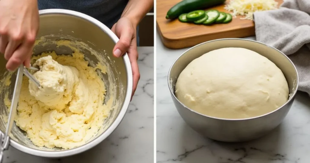 Step-by-step process of making vegan jalapeno cheese artisan bread, showing hands mixing dough, slicing jalapenos, and grating vegan cheese.