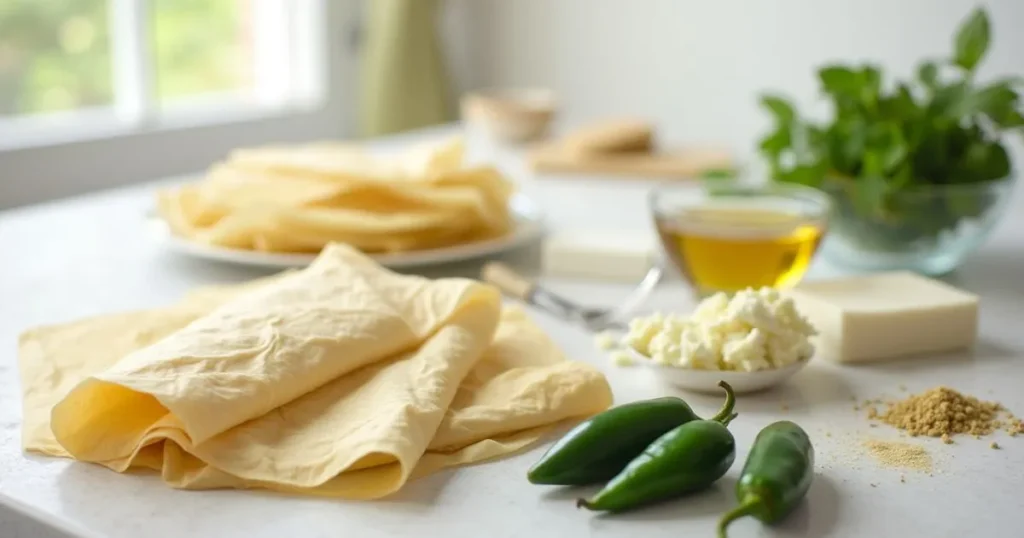 Fresh ingredients for Egg Roll Wrapper Goat Cheese Jalapeno Recipe: egg roll wrappers, goat cheese, jalapeños, olive oil, and seasoning