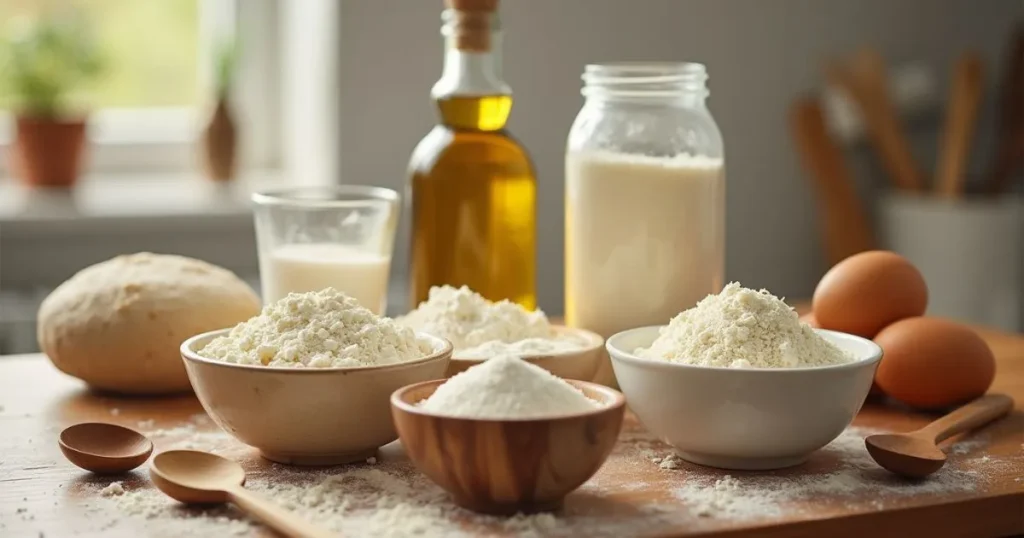 All ingredients for rising bread recipe, including flour, yeast, sugar, eggs, and olive oil, neatly arranged on a wooden kitchen counter