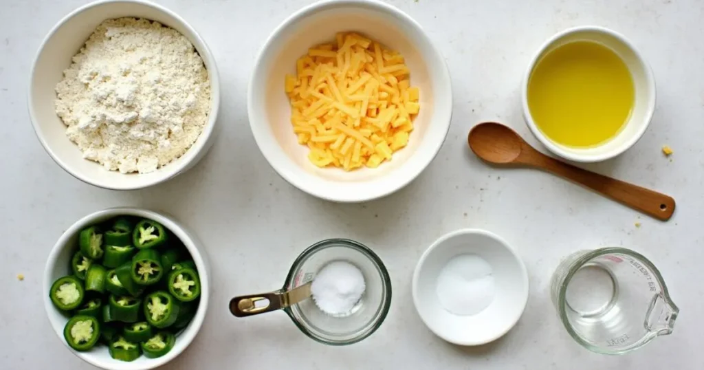 Ingredients for vegan jalapeno cheese artisan bread including flour, vegan cheese, jalapenos, yeast, olive oil, salt, and sugar