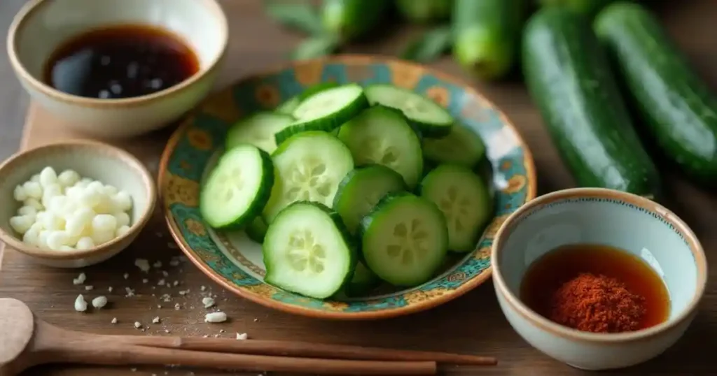 Ingredients for Din Tai Fung-inspired cucumber recipe: cucumbers, soy sauce, sesame oil, rice vinegar, garlic, and chili flakes