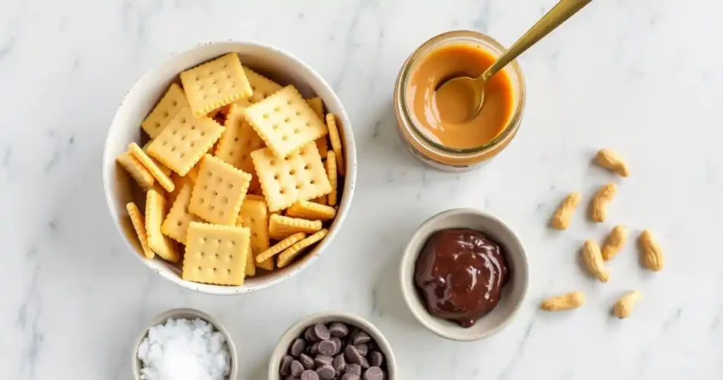 Ingredients for Cheez It peanut butter and chocolate treats: Cheez It crackers, peanut butter, chocolate chips, and sea salt.