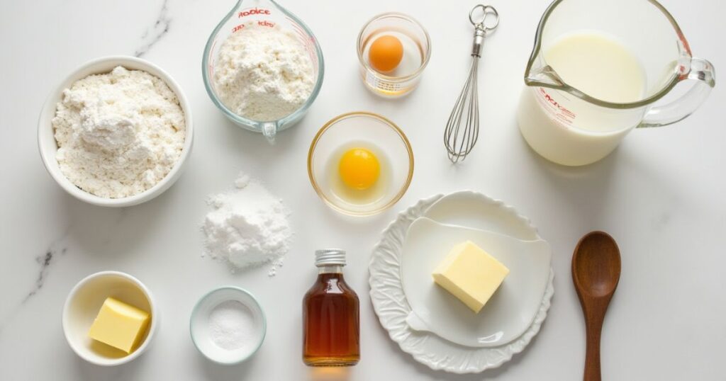 A flat-lay of ingredients for mini pancakes, including flour, sugar, milk, eggs, butter, vanilla extract, and baking powder, arranged neatly on a light-colored kitchen counter with a wooden spoon and whisk.