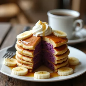 Stack of fluffy ube pancakes topped with whipped cream, bananas, and maple syrup.