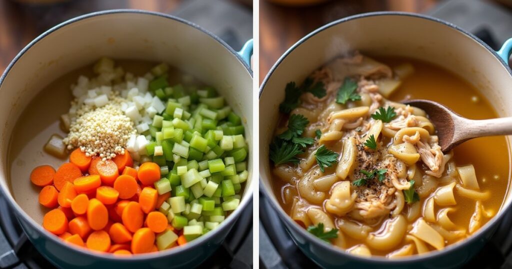 A step-by-step cooking process for rotisserie chicken soup, showing sautéed vegetables in a pot, shredded chicken being added to simmering broth, and a final bowl of soup garnished with parsley and black pepper.