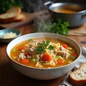 A cozy scene featuring a bowl of leftover rotisserie chicken soup with shredded chicken, carrots, celery, and egg noodles in a golden broth, garnished with fresh parsley and black pepper, served on a wooden table with a rustic kitchen background.