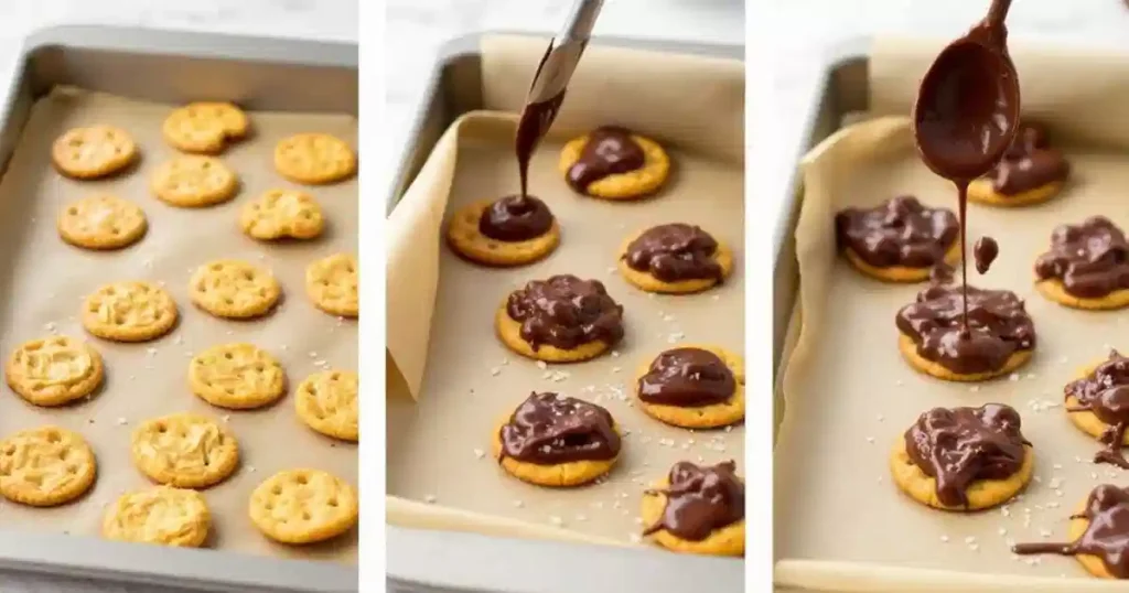 Step-by-step process of making Cheez It peanut butter and chocolate treats: spreading peanut butter on Cheez It crackers, dipping in melted chocolate, and drizzling with more chocolate.